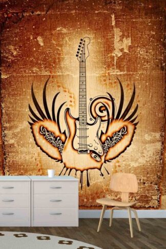 Rock Guitar Wallpaper, as seen on the wall of this music themed room, is a music mural with a grunge winged guitar on a brown background from About Murals.