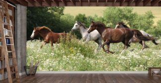 Running Horses Wallpaper, as seen on the wall of this equestrian room, is a photo mural of four wild horses running in a wildflower field from About Murals.