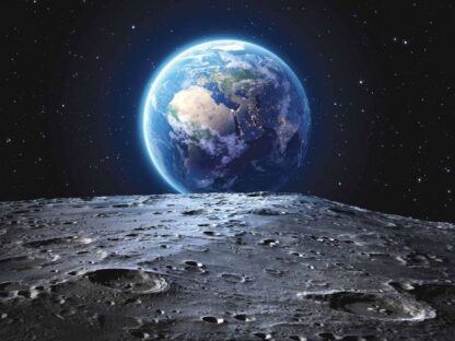Space Earth Wallpaper is a mural with views of the blue earth seen in outer space among stars and the moon from About Murals.