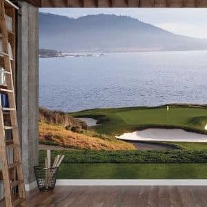 Shop wallpaper, like this sports wall mural in an office, from About Murals.