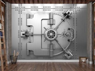 Vault Wallpaper, as seen on the wall of this kids room, features a locked steel safe door from About Murals.