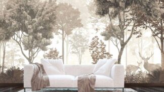 Vintage Forest Wallpaper, as seen on the wall of this deer themed living room, is a nature mural with a buck, doe and bird in brown trees from About Murals.