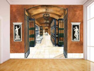 Wine Room Wallpaper, as seen on the wall of this hallway, is a wall mural of wine bottles and wooden barrels in a wine cellar in Italy from About Murals.