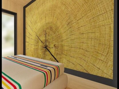 Wood Slice Wallpaper, as seen on the wall of this lumberjack bedroom, is a photo mural of a large, cut log from About Murals.
