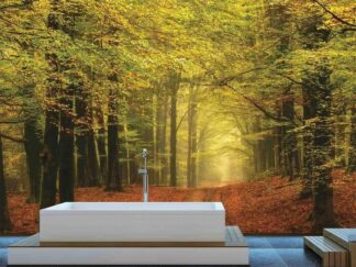 Autumn Trail Wallpaper, as seen on the wall of this fall themed bathroom, is a photo mural of yellow and green arched trees over a forest trail from About Murals.