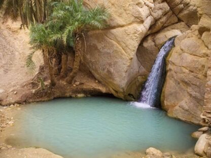 Desert Oasis Wallpaper is a photo mural of a waterfall spilling into turquoise water off of a dusty mountain near palm trees from About Murals.