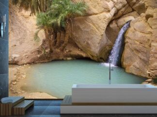 Desert Oasis Wallpaper, as seen on the wall of this bathroom, is a photo mural of Chebika Oasis, Sahara Desert, Tunisia from About Murals.