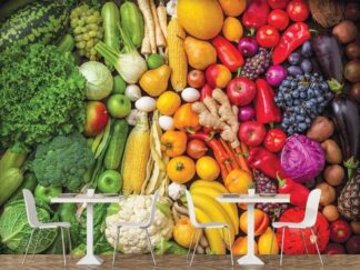 Vegetable Wallpaper, as seen on the wall of this restaurant dining room, is a colorful photo mural of fresh fruits and vegetables from About Murals.