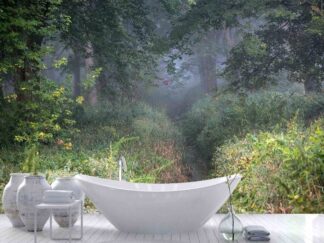Forest Stream Wallpaper, as seen on the wall of this bathroom, is a photo mural of a narrow brook trickling through a foggy forest from About Murals.