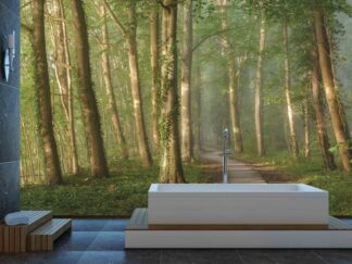 Natural Forest Wallpaper, as seen on the wall of this bathroom, is a photo mural of sun lighting vine-covered trees in a misty forest from About Murals.