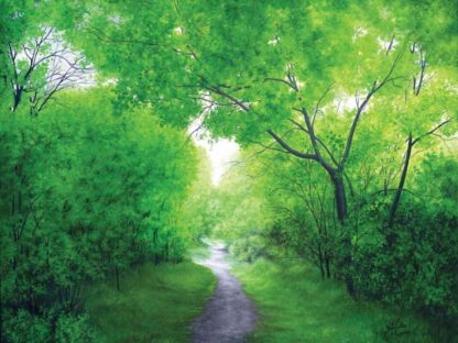 Forest Painting Wallpaper is a mural of a trail meandering under beautiful green trees from About Murals.