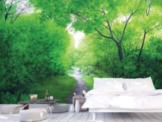 Forest Painting Wallpaper, as seen on the wall of this bedroom, is a wall mural of a path winding under emerald green trees from About Murals.