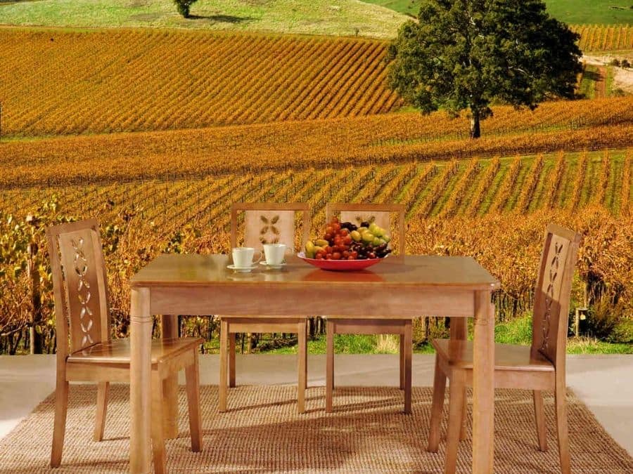 Winery Wallpaper, as seen on the wall of this kitchen, is a photo mural of a beautiful vineyard in autumn from About Murals.