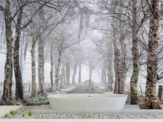 Winter Birch Trees Wallpaper, as seen on the wall of this bathroom, is a photo mural of icy white birch trees lining a snow covered road from About Murals.