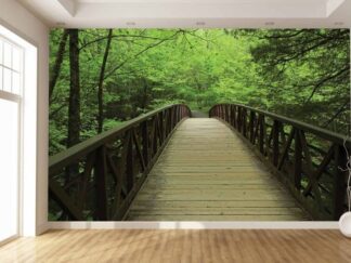 Wood Bridge Wallpaper, as seen on the wall of this living room, is a photo mural of a bridge in Great Smoky Mountains National Park from About Murals.