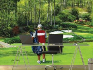Augusta National Wallpaper, as seen on the wall of this office, is a sports mural of a caddy carrying a bag on the 12th hole of this famous golf course from About Murals.