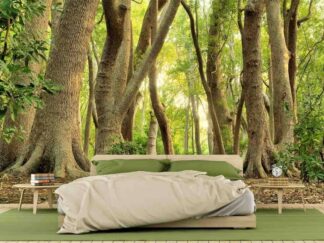 African Forest Wallpaper, as seen on the wall of this bedroom, is a photo mural of large curvy trees from About Murals.