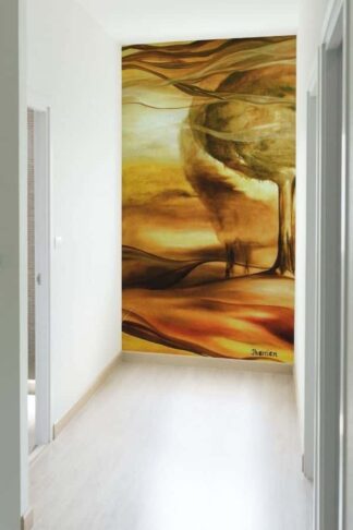 Brown Tree Wallpaper, as seen on the wall of this hallway, is an art mural of abstract wind blowing through a tree from About Murals.