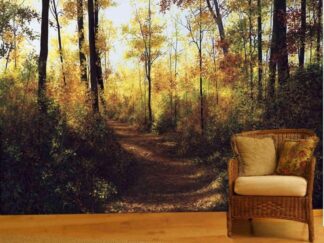 Fall Trees Wallpaper, as seen on the wall of this living room, is a mural of a path winding through painted trees in an autumn forest from About Murals.