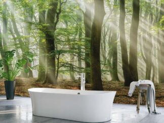 Forest Scene Wallpaper, as seen on the wall of this bathroom, is a photo mural of sunbeams shining through green trees in the woods from About Murals.