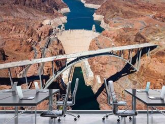Hoover Dam Wallpaper, as seen on the wall of this office, is a photo mural of the concrete wedge and Pat Tillman Memorial Bridge on the Nevada-Arizona border from About Murals.