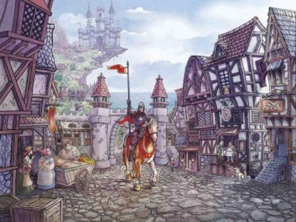 Kids Knight Wallpaper is a wall mural of a knight on a horse in a medieval village under a royal castle from About Murals.