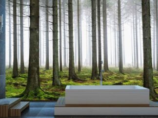 Moody Forest Wallpaper, as seen on the wall of this bathroom, is a photo mural of moss covered pine trees in a foggy forest from About Murals.