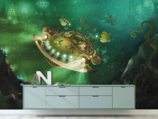 Sea Adventure Wallpaper, as seen on the wall of this kids bedroom, is a wall mural with cats in a submarine exploring under the sea from About Murals.