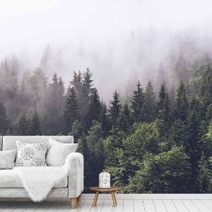 Shop wallpaper murals, like this nature wall mural in a living room, from About Murals.