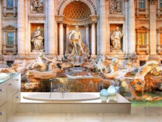 Trevi Fountain Wallpaper, as seen on the wall of this bathroom, is a photo mural of water flowing through the Baroque sculpture in Rome, Italy from About Murals.