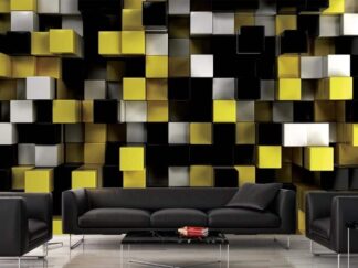 Yellow and Black Cube Wallpaper, as seen on the wall of this living room, is a mural of geometric 3D squares from About Murals.