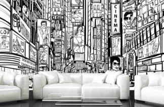 Black and White Times Square Wallpaper, as seen on the wall of this living room, is a wall mural with drawn buildings, billboards, people and taxi cabs in New York City from About Murals.