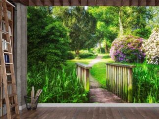 Botanical Garden Wallpaper, as seen on the wall of this room, is a photo mural of blooming flowers in a city park from About Murals.