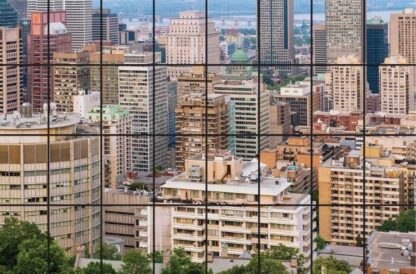 City Window View Wallpaper is a photo wall mural of skyscrapers in downtown Montreal taken from Mount Royal from About Murals.