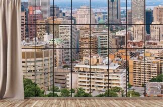 City Window View Wallpaper, as seen on the wall of this living room, is a photo mural of high rise buildings in downtown Montreal from About Murals.