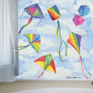 Kites Wallpaper, as seen on the wall of this kids room, is a mural with six colorful flying kites in a blue sky from About Murals.