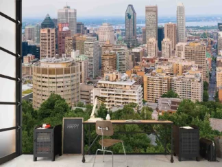 Montreal Wallpaper, as seen on the wall of this home office, is a high resolution photo mural of buildings and skyscrapers in downtown Montreal from About Murals.