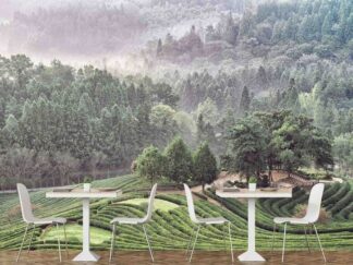 Plantation Wallpaper, as seen on the wall of this tea shop and cafe, is a photo mural of misty trees overlooking a green tea plantation on a rolling mountainside from About Murals.