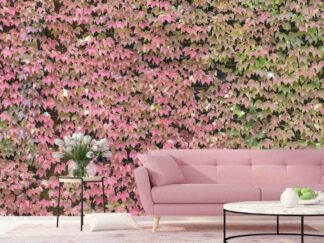 Red Ivy Wallpaper, as seen on the wall of this living room, is a high resolution photo mural of autumn climbing leaves on a brick wall from About Murals.
