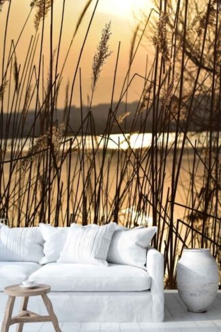 Sunset Lake Wallpaper, as seen on the wall of this living room, is a photo mural of the setting sun reflected in water from behind reeds from About Murals.