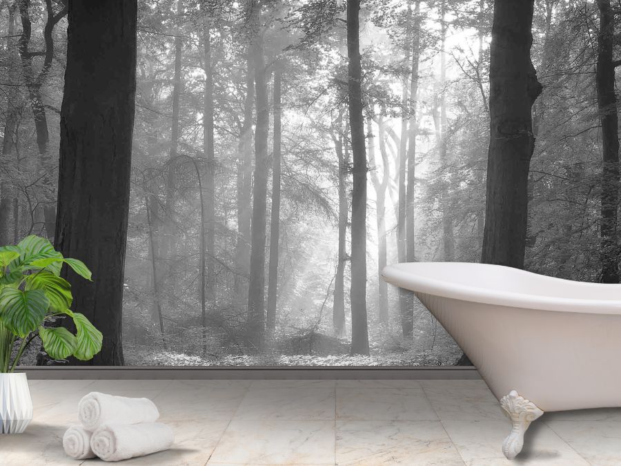 Black and White Woods Wallpaper, as seen on the wall of this bathroom, is a photo mural of sun shining through realistic trees from About Murals.
