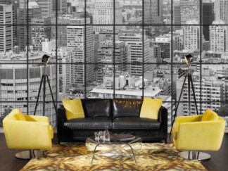 City Window Wallpaper, as seen on the wall of this living room, is a photo mural of high rise buildings and skyscrapers in Montreal, Quebec from About Murals.