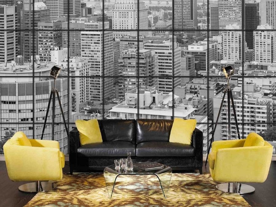 City Window Wallpaper, as seen on the wall of this living room, is a photo mural of high rise buildings and skyscrapers in Montreal, Quebec from About Murals.