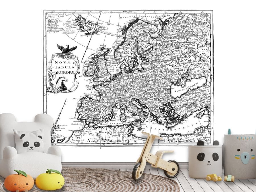 European Map Wallpaper, as seen on the wall of this childrens room, is a simple map mural with Europe city names written in Latin from About Murals.