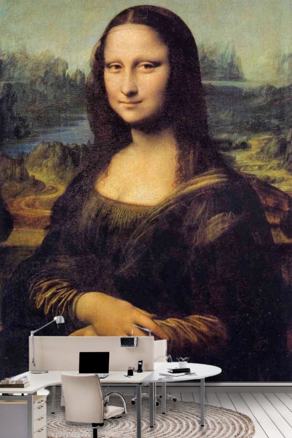 Mona Lisa Wallpaper, as seen on the wall of this office, is a wall mural of the famous portrait against a background of valleys, mountains, hills, a river and a bridge from About Murals.