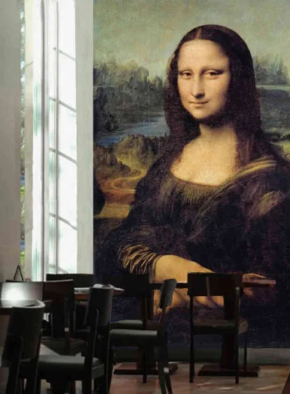 Mona Lisa Wallpaper, as seen on the wall of this restaurant, is a mural of the famous painting by Leonardo da Vinci from About Murals