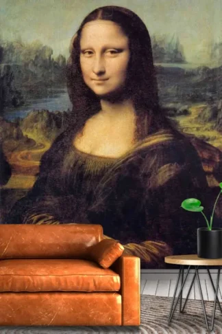 Mona Lisa Wallpaper, as seen on the wall of this vintage living room, is a mural of the famous portrait by Leonardo da Vinci of a woman’s smiling face with large eyes from About Murals.