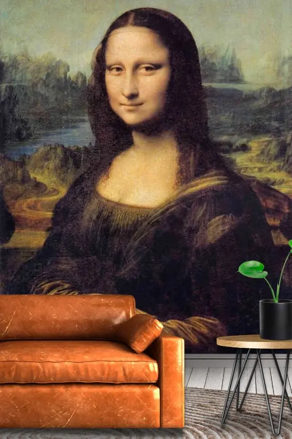 Mona Lisa Wallpaper, as seen on the wall of this vintage living room, is a mural of the famous portrait by Leonardo da Vinci of a woman’s smiling face with large eyes from About Murals.