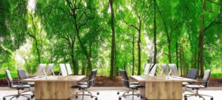 Panoramic Forest Wallpaper, as seen on the wall of this office, is a photo mural of vibrant green trees in the woods from About Murals.