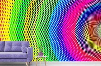 Rainbow Gradient Wallpaper, as seen on the wall of this colorful living room, is a mural with oval shapes combined to create a geometric pattern from About Murals.